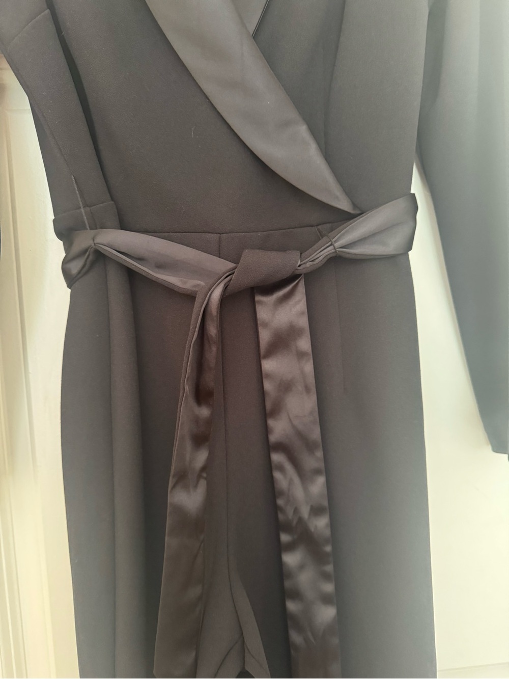 Adrianna Papell Black Satin-Trim Jumpsuit with Tie Belt - Picture 5 of 7